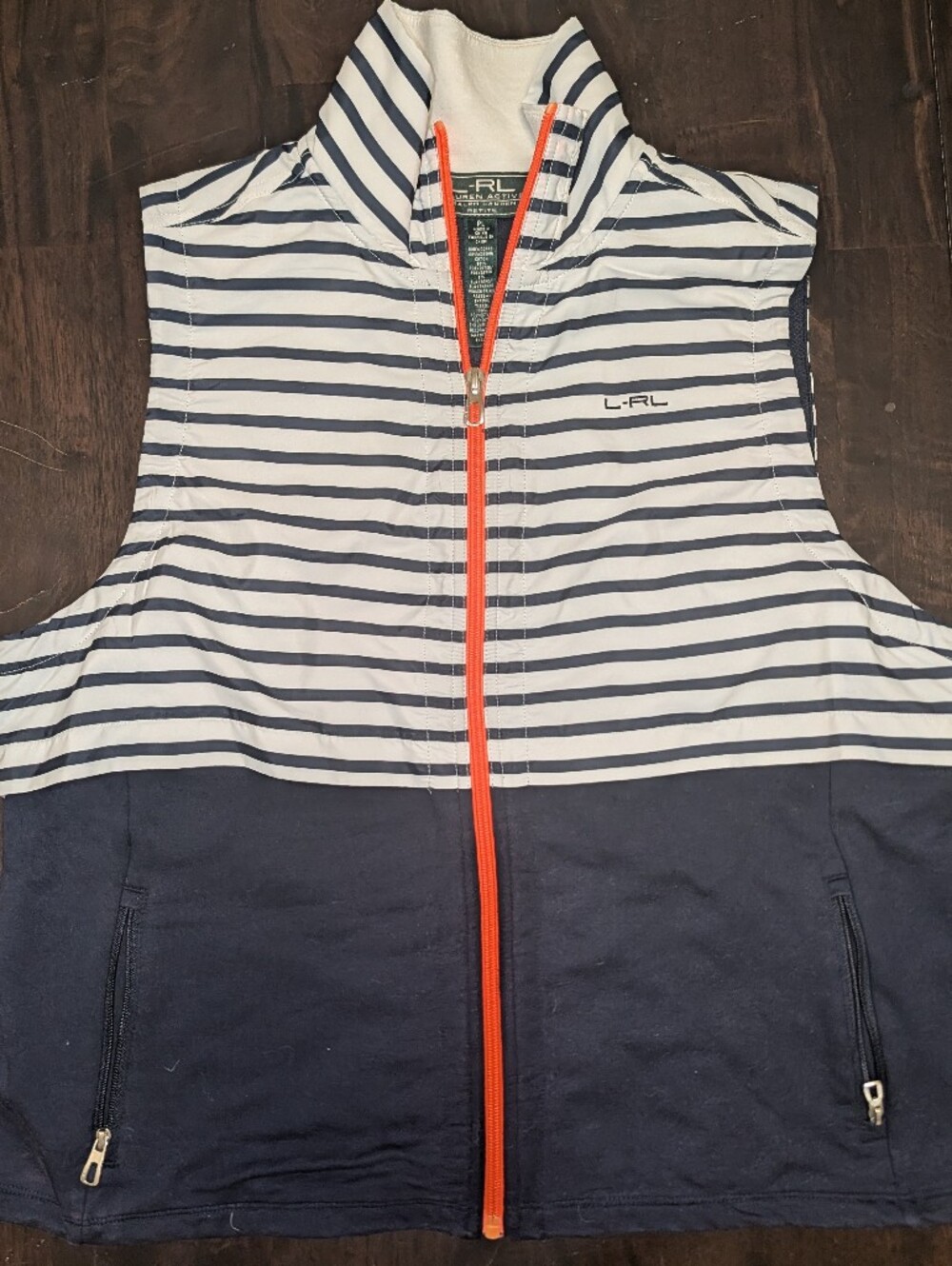 Ralph Lauren Navy & White Striped Vest with Orange Zipper PL Gold Light Womens